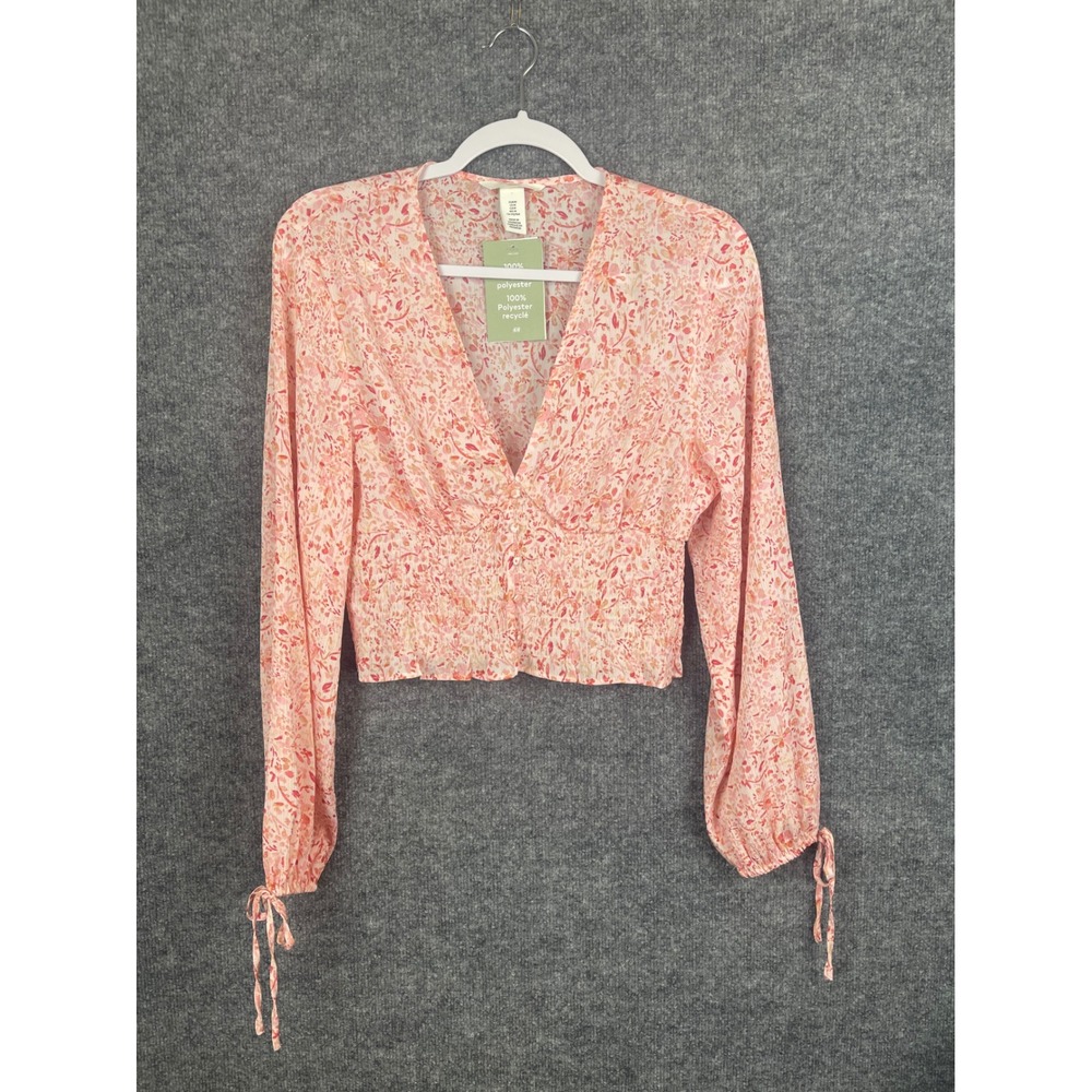 H&M Floral Blouse Women's Size M‎ Orange NWT Smocked V-neck Recycled Polyester